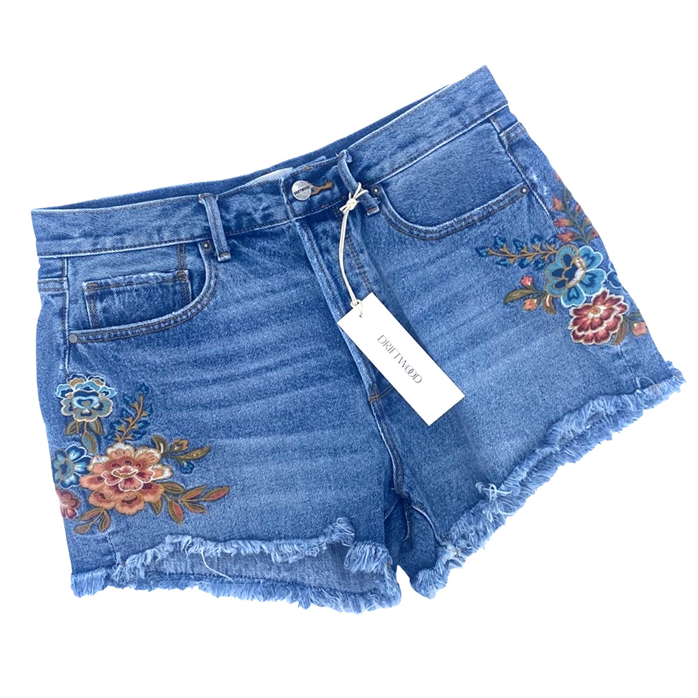 NEW Free People x Driftwood Goldie floral embroidered denim shorts Maui 28441 29